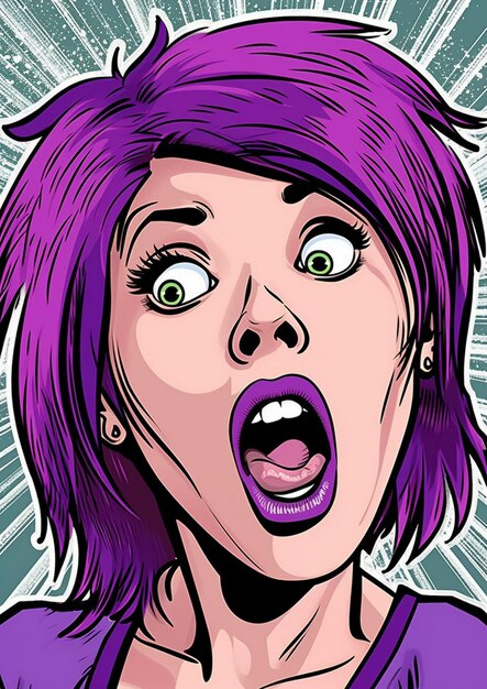 A cartoon woman with purple hair and purple eyes