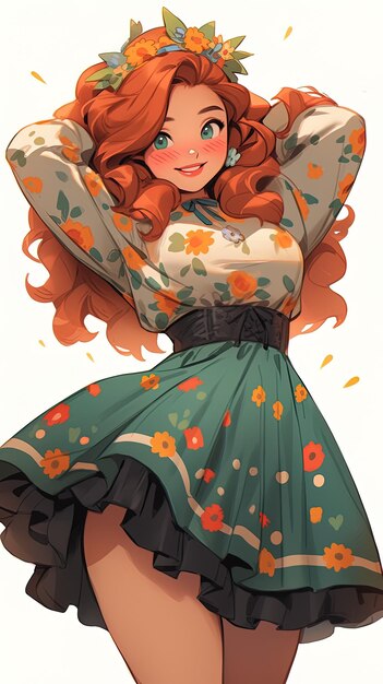 Photo a cartoon of a woman with red hair and green dress with flowers on the front