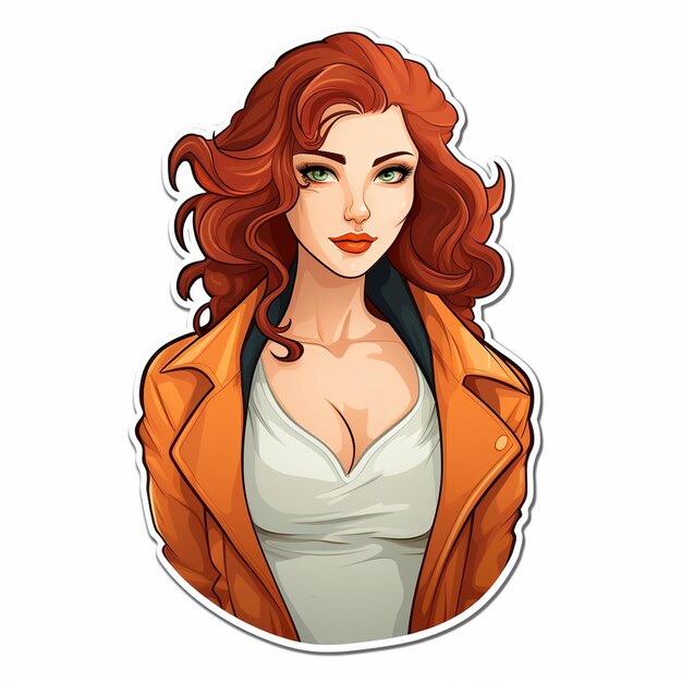 Cartoon Woman With Red Hair And Green Eyes In A Brown Jacket