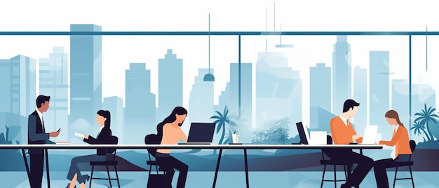 Photo a cartoon of a woman working at a computer in a modern city