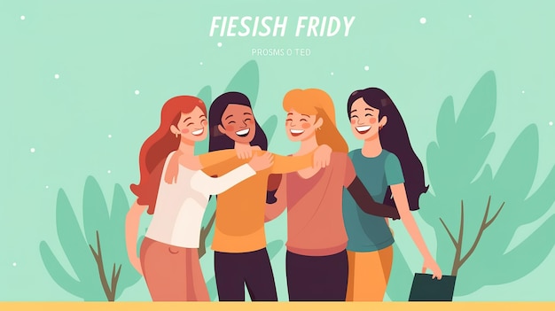 A cartoon of women hugging each other and the words " meatish friday " on the bottom.