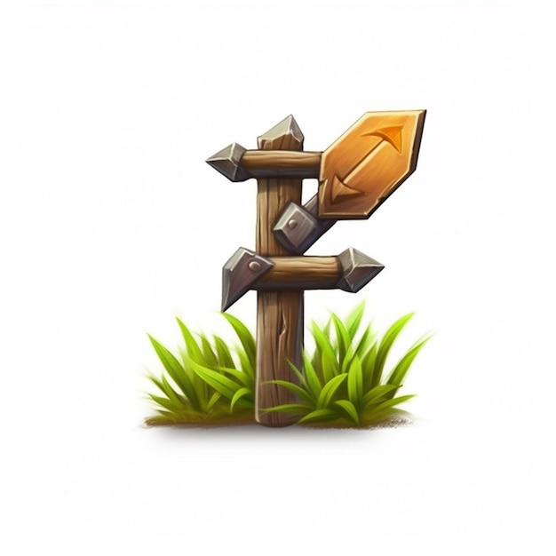 Cartoon wooden arrow sign with grass and grass generative ai