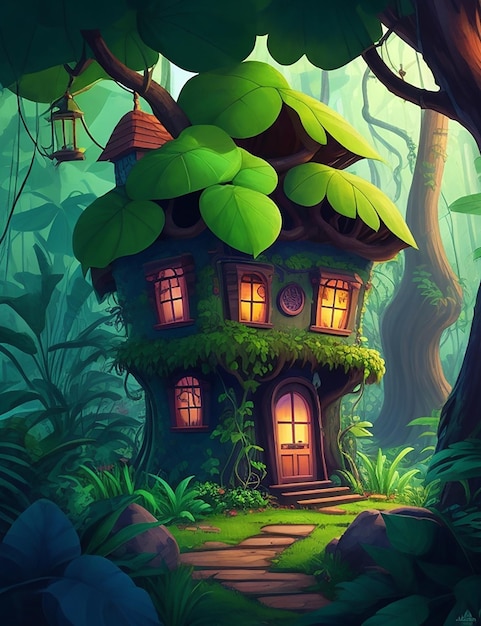 Photo cartoon wooden house in jungle with trees