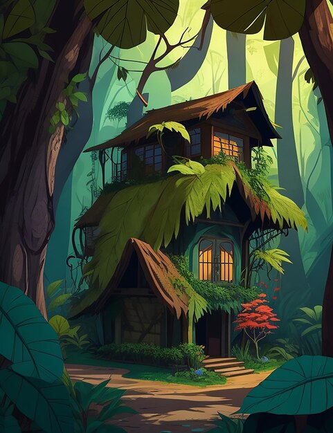 Photo cartoon wooden house in jungle with trees