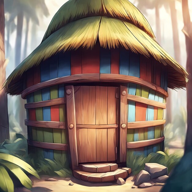 Photo cartoon wooden house wooden house in garden illustration for childrena beautiful wooden hut with g