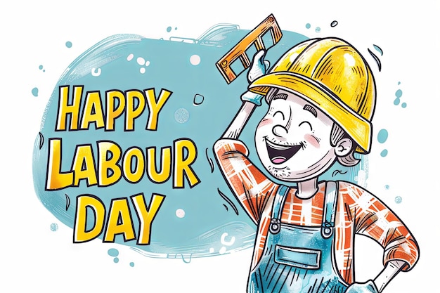 cartoon worker in a construction helmet on the right of image text HAPPY LABOUR DAY on the left white background