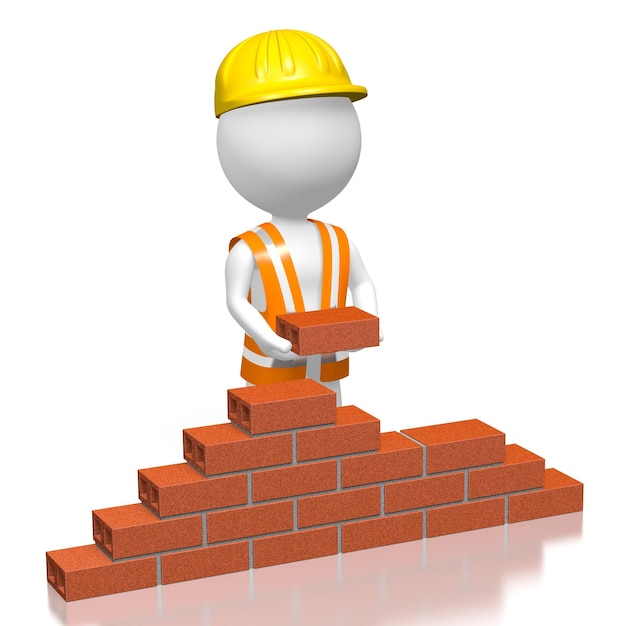 Cartoon workman building a wall with bricks