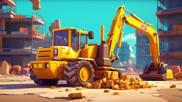 a cartoon yellow bulldozer and drilling machine Ai Generative