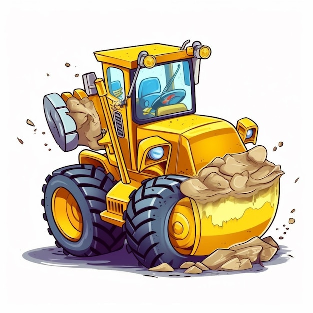 Cartoon yellow bulldozer with a shovel and a bucket generative ai