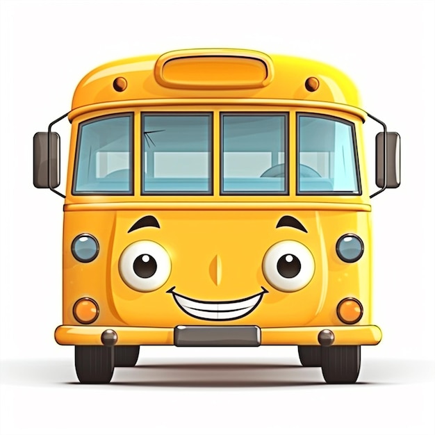 A cartoon yellow bus with a smiling face in white bacxkground