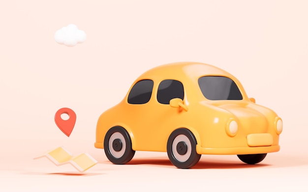 Cartoon yellow car and map in the yellow background 3d rendering