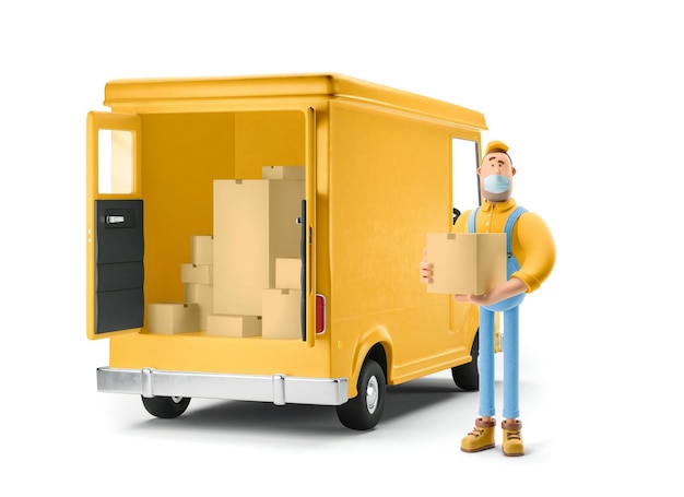 Cartoon yellow car with driver character in medical mask Truck delivery service and transportation 3d illustration Safe delivery concept