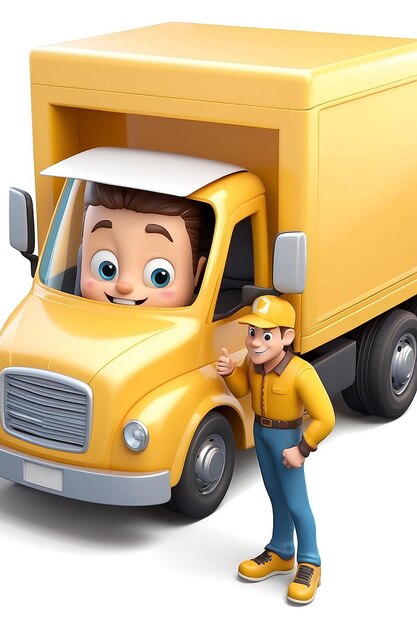 Photo cartoon yellow car with driver character truck delivery service and transportation