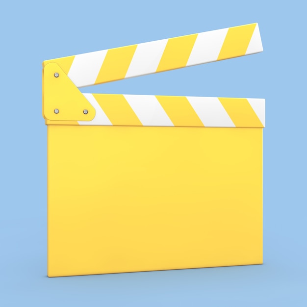 Cartoon Yellow Cinema Movie Clapper or Clapboard on a blue background. 3d Rendering