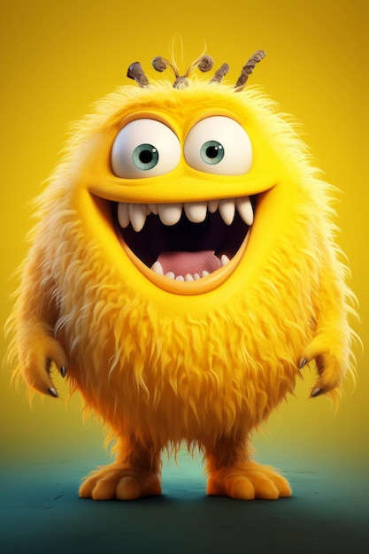 Cartoon yellow funny fluffy monster 3d illustration