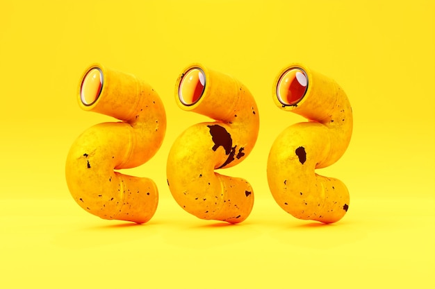 Мультяшные желтые трубы, похожие на червя Крупный план изогнутых ржавых труб с отслаивающейся краской с линзой внутри, похожей на глаз на желтом фоне