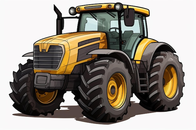 cartoon yellow tractor with big tires on a white background generative ai