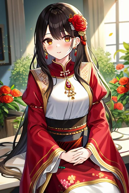 Мультяшная юная красавица в красивом классическом костюме юбки чонсам с цветочным декором