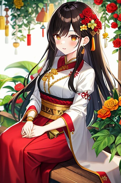 Foto una giovane bellezza dei cartoni animati che indossa un bellissimo costume di gonna cheongsam classico con decorazioni floreali