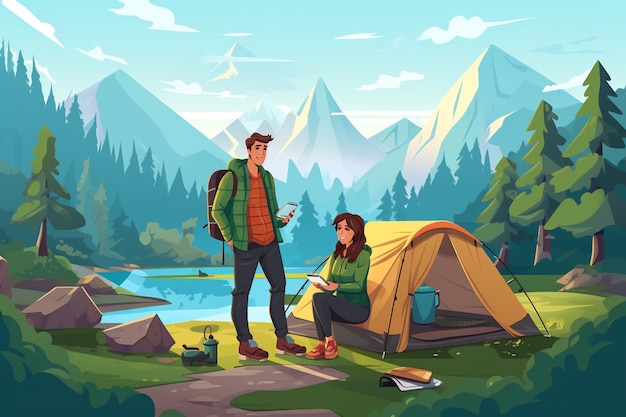 Photo cartoon young couple camping in the mountains