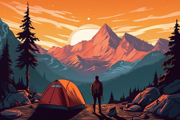 Photo cartoon young couple camping in the mountains