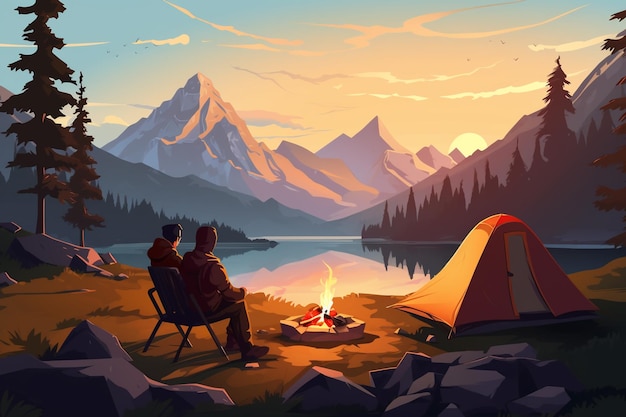 cartoon young couple camping in the mountains