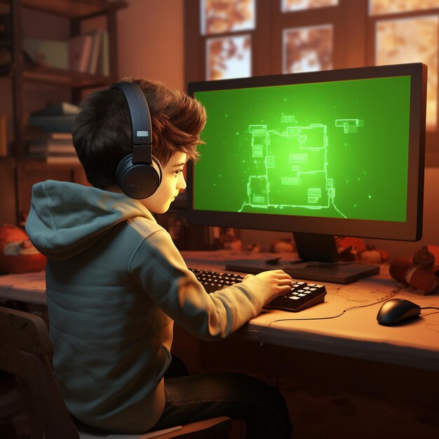 a cartoon of Young Gamer at Computer