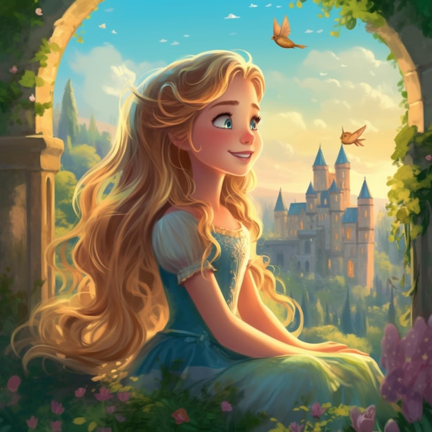 A cartoon of a young woman sitting in a doorway with a castle in the background.