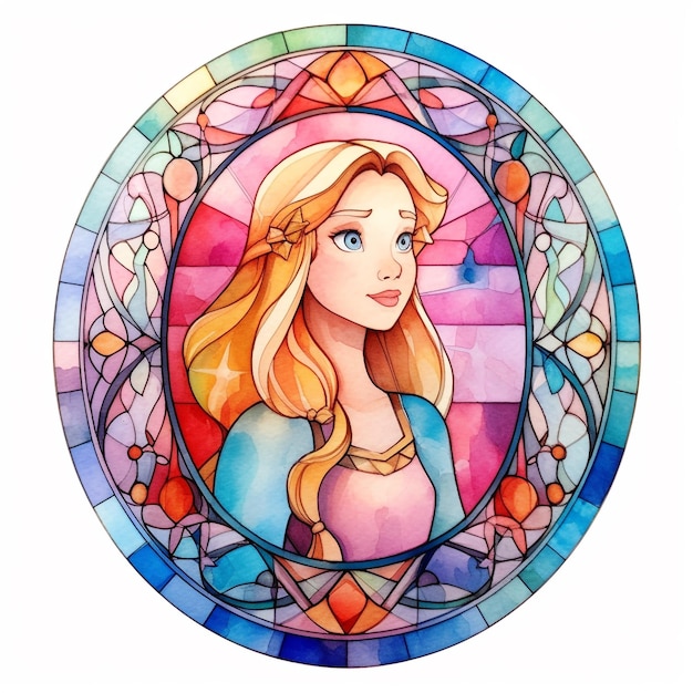 A cartoon of a young woman in a stained glass style.