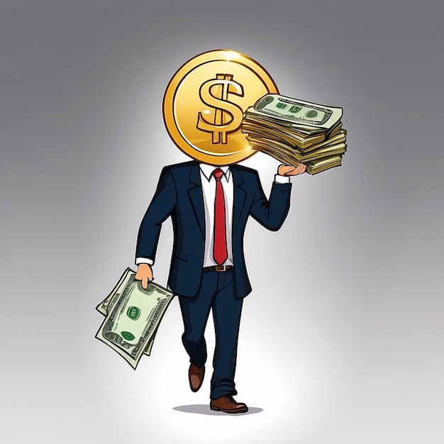 Cartoon zakenman die de gouden dollars en geld draagt