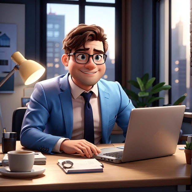Cartoon zakenman freelancer werkt aan een tafel in een modern kantoor op een laptop werkplekconcept 3d illustratie