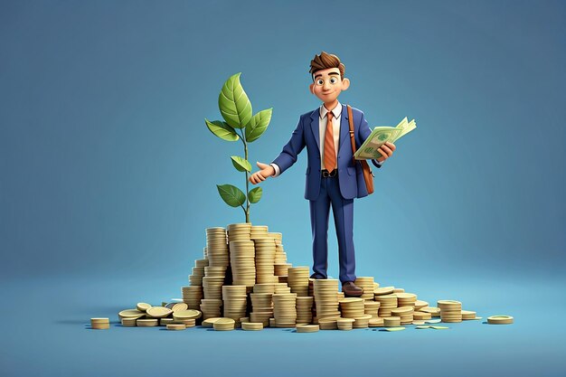 Cartoon zakenman karakter hand houdt een geld groeien concept 3d illustratie