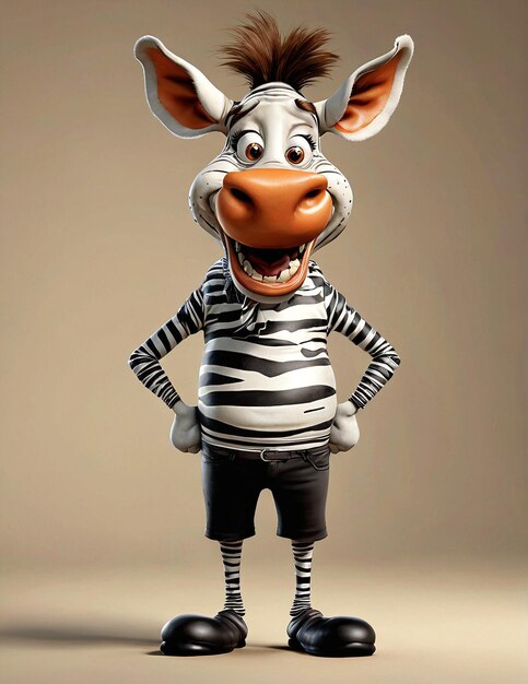 Photo a cartoon zebra with a striped shirt and black pants