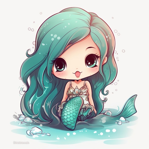 Cartoon zeemeermin met lang blauw haar zit op het water generatieve ai