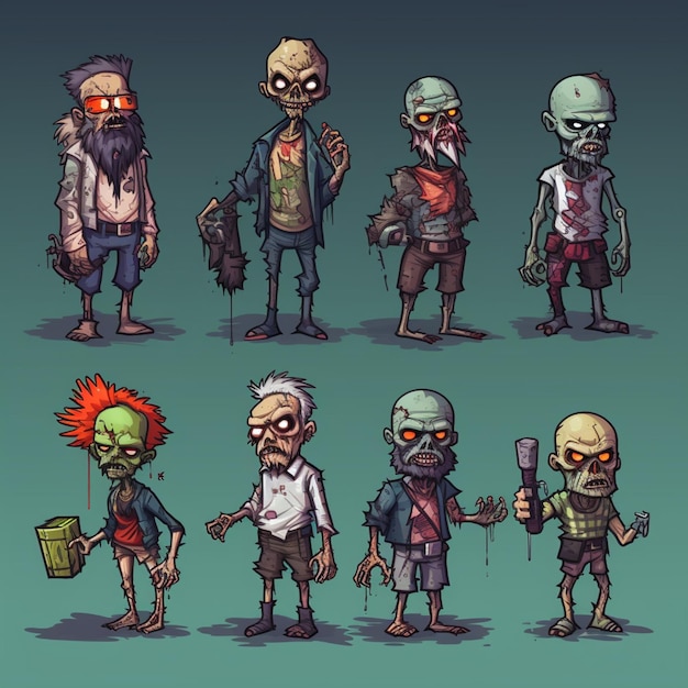 Photo cartoon zombie character set with various poses and expressions generative ai