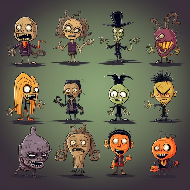 Photo cartoon zombie characters in various poses and poses generative ai