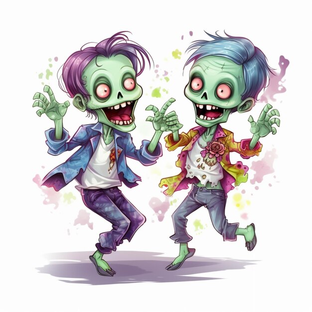 Photo cartoon zombie couple running with a zombie costume on generative ai