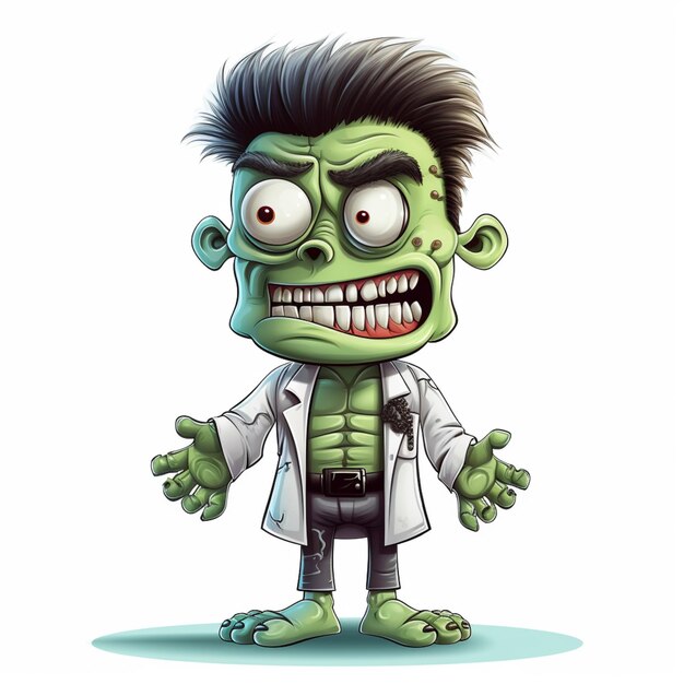 Cartoon zombie dokter met een witte jas en zwarte broek generatieve ai