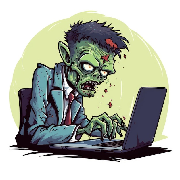Cartoon zombie draagt een pak en werkt achter een computer AI gegenereerde afbeelding