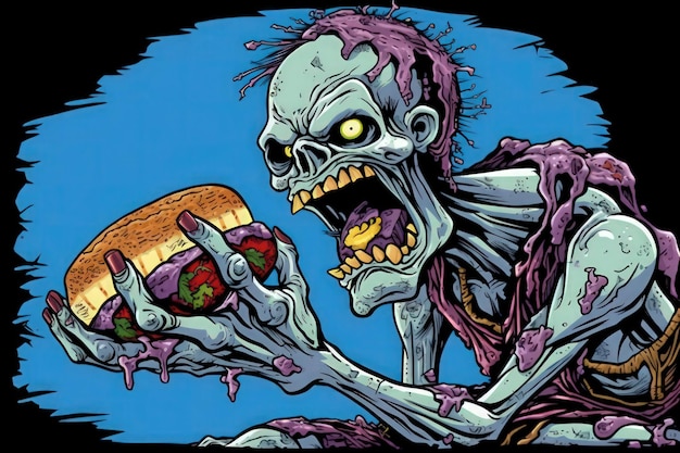 A cartoon of a zombie eating a burger