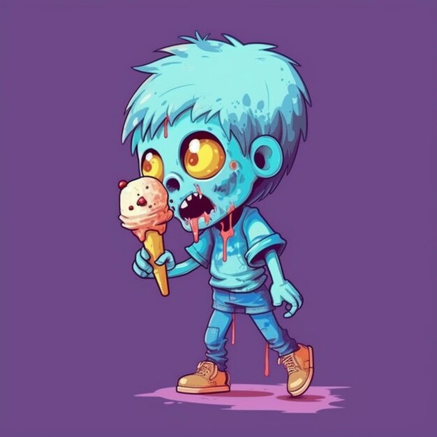 Cartoon zombie eating ice cream cone with spooky eyes generative ai