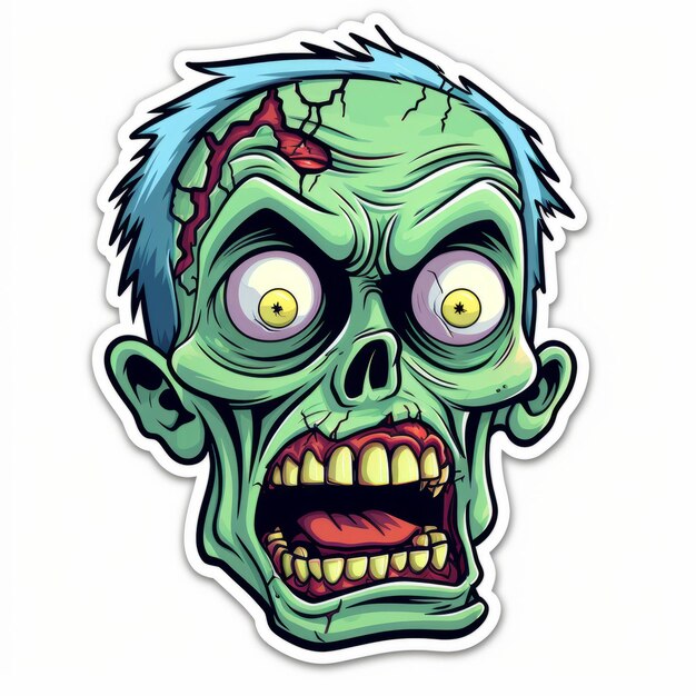 Foto cartoon zombie head sticker met groene oogen popcultuur comiccore trillwave