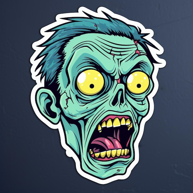 Cartoon Zombie Head Sticker with Haunting Figuratives and Pop Culture References