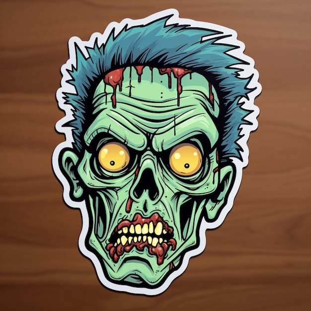 Cartoon zombie hoofd sticker 8k resolutie digitaal verbeterde zeefdruk