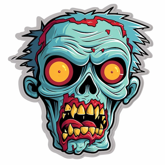 Cartoon Zombie Hoofd Sticker Zeer Gedetailleerd Azuurblauw En Karmozijnrood Ontwerp