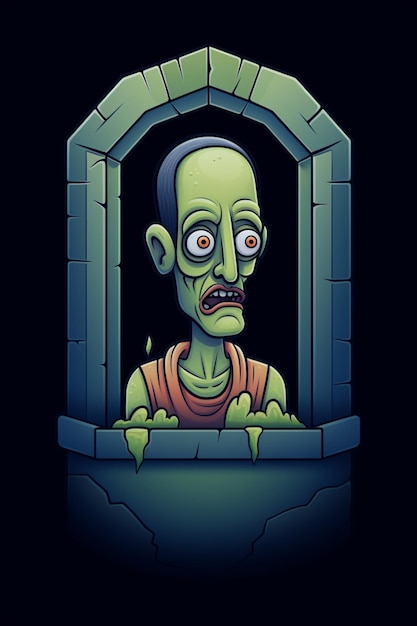 A cartoon of a zombie looking out of a castle window.