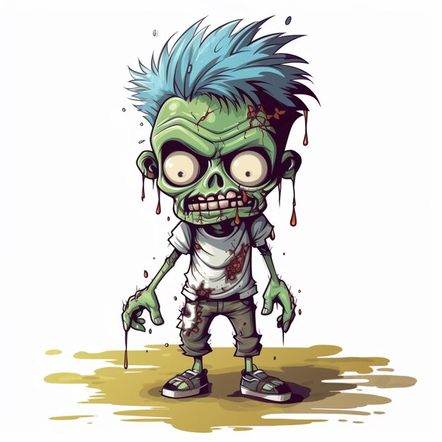 cartoon zombie met blauw haar en groene ogen met een mes generatieve ai