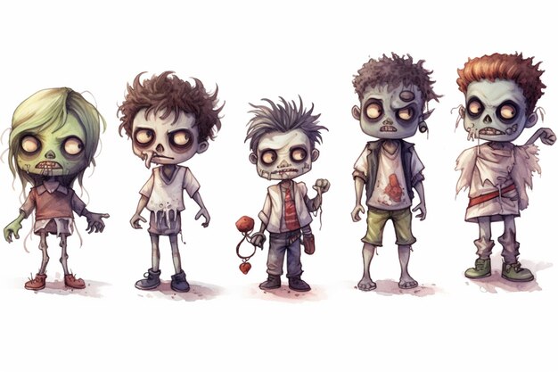 Cartoon zombie personages staan in een rij met hun handen in hun zakken generatieve ai