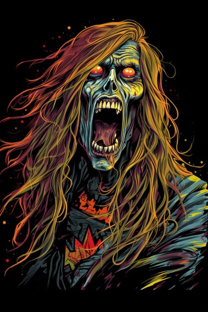 A cartoon of a zombie with a black background and red eyes.