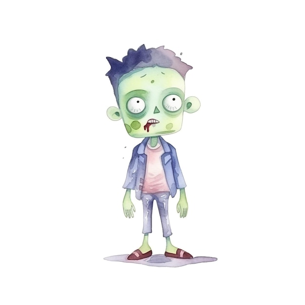 A cartoon of a zombie with a blue shirt and blue pants.